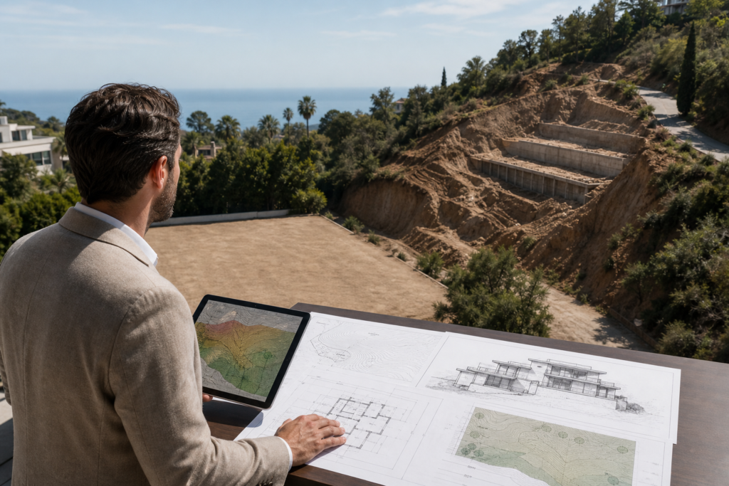 Arquiteto analisando plantas de uma casa em um terreno em encosta com vista para o mar