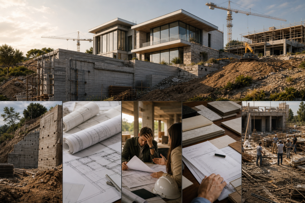 Colagem de projeto de construção de uma casa moderna em obra, com plantas, amostras de materiais e equipe no canteiro