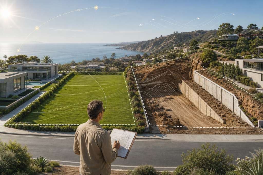 Engenheiro analisando um terreno em encosta à beira-mar para projeto de construção