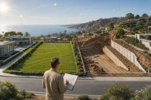 Engenheiro analisando um terreno em encosta à beira-mar para projeto de construção