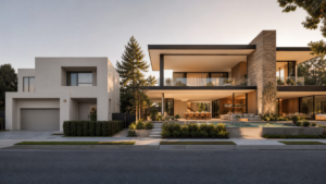 Duas casas modernas lado a lado, com fachada minimalista, jardim paisagístico e piscina na frente