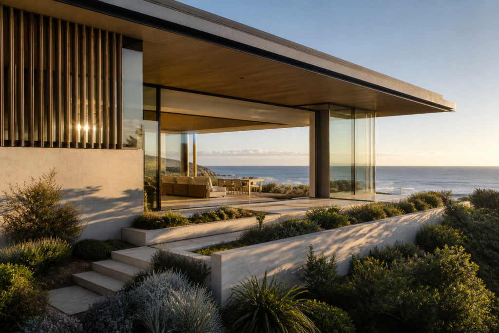 Casa moderna à beira-mar com varanda envidraçada, jardim paisagístico e vista para o oceano
