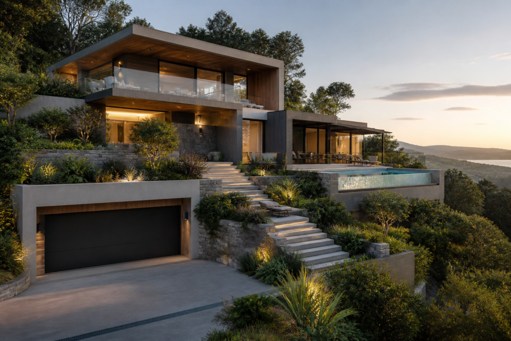 Casa moderna de luxo em terreno inclinado, com piscina, garagem e jardim em meio à vegetação ao pôr do sol