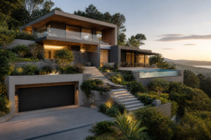 Casa moderna de luxo em terreno inclinado, com piscina, garagem e jardim em meio à vegetação ao pôr do sol